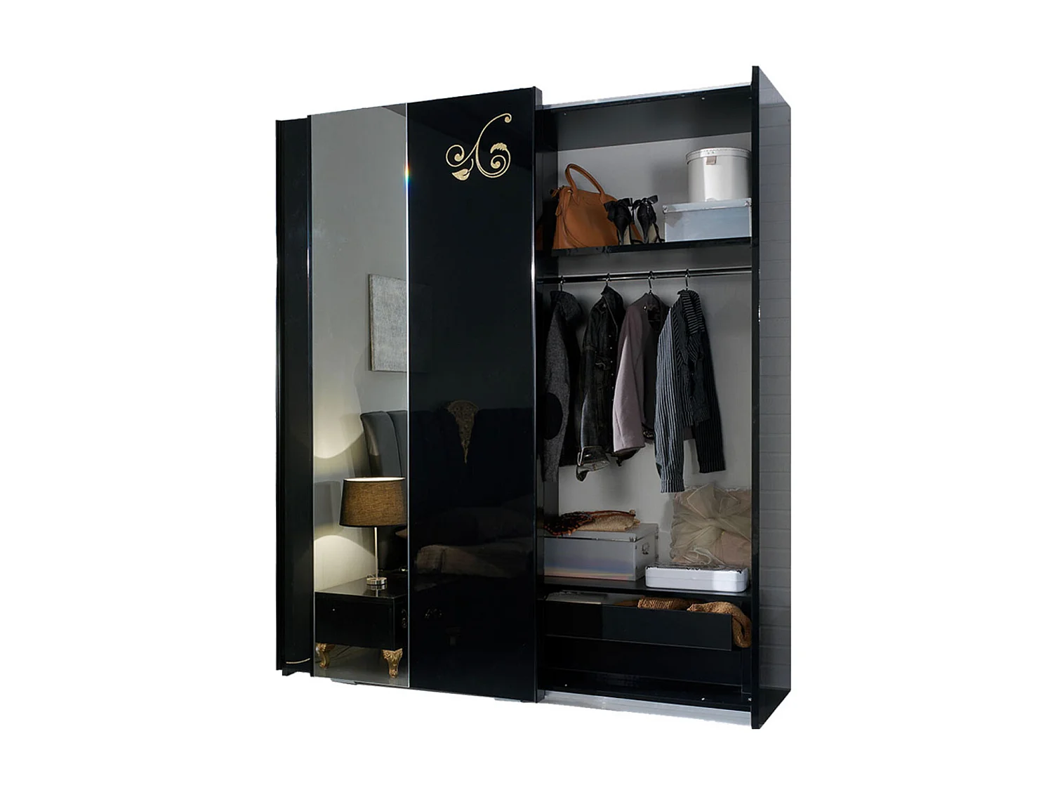 Design slaapkamerkast met 2 schuifdeuren in zwart en goudgelakt hout Jade 182 cm