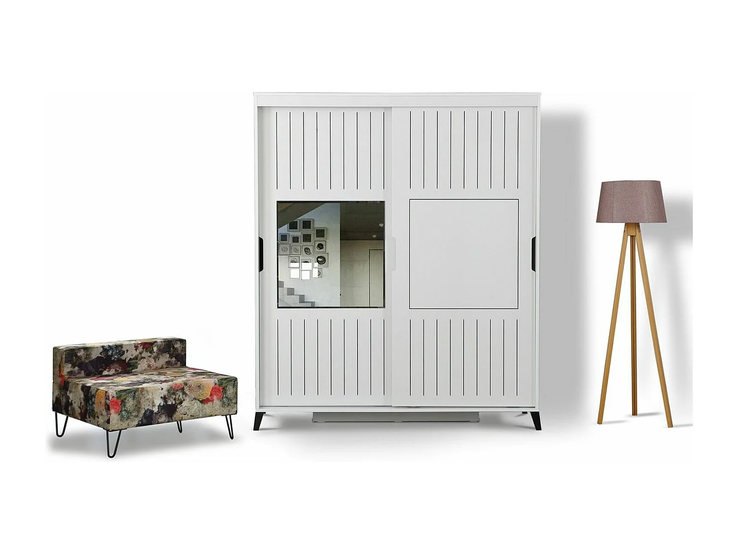 Armoire 2 portes coulissantes avec miroir Olgin L160xH216cm Bois Blanc