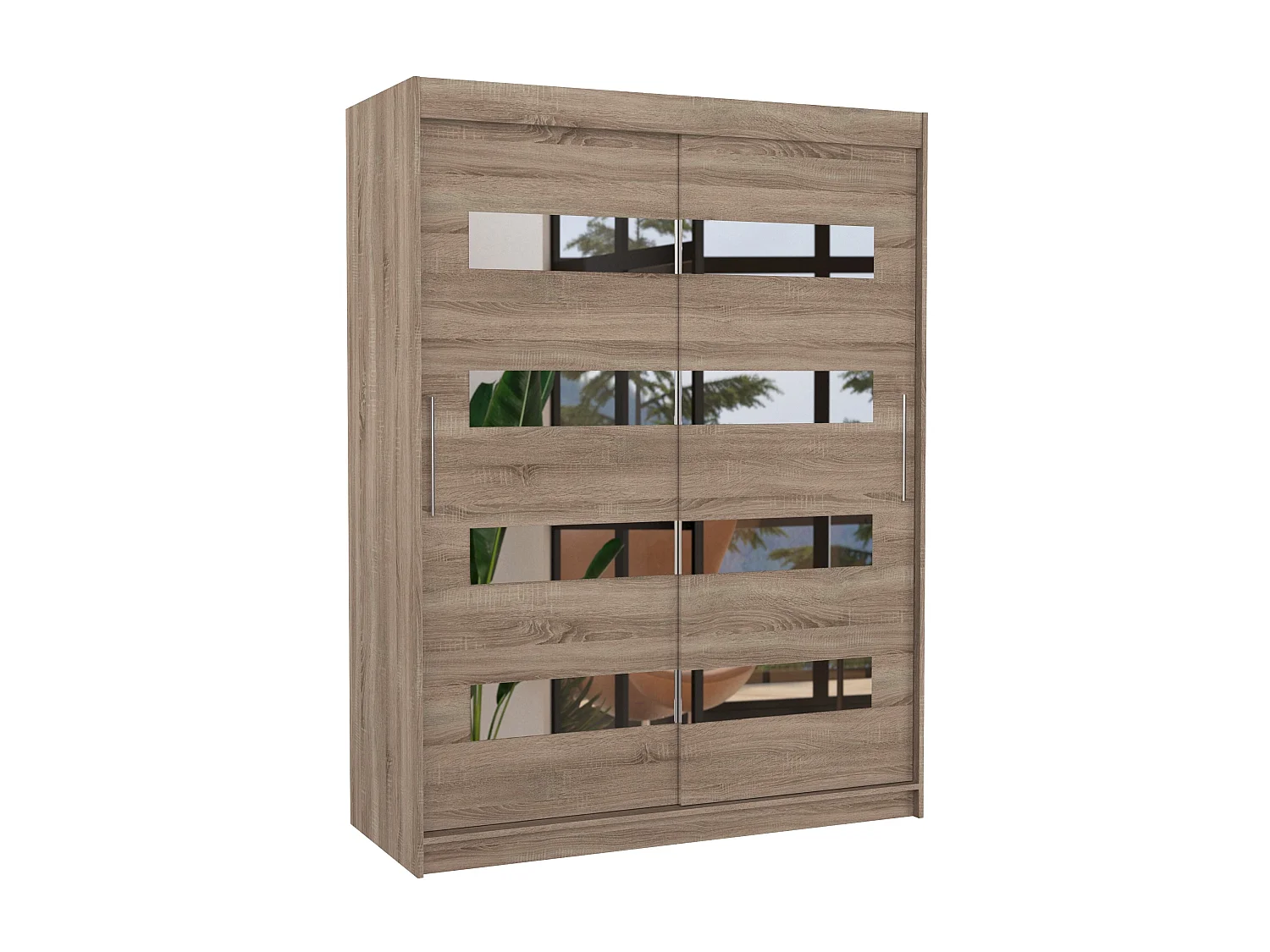 Armoire de chambre bois truffe 2 portes coulissantes bois truffe et miroirs horizontaux Bozika 150cm