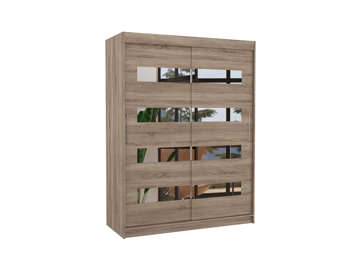 Armoire de chambre bois truffe 2 portes coulissantes bois truffe et miroirs horizontaux Bozika 150cm