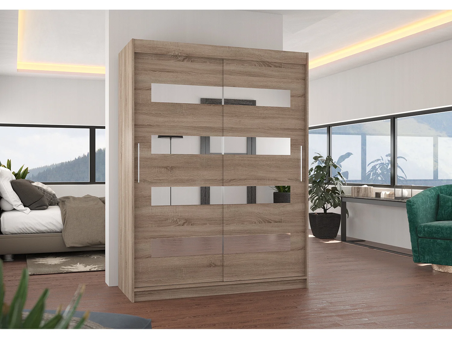 Armoire de chambre bois truffe 2 portes coulissantes bois truffe et miroirs horizontaux Bozika 150cm