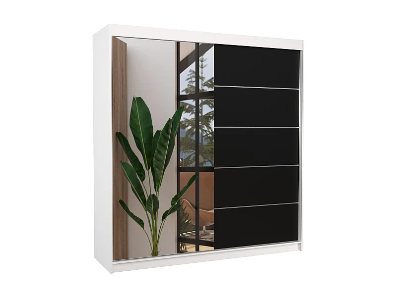 Armoire chambre adulte 2 portes coulissantes blanc et noir avec miroir Olivia 200cm