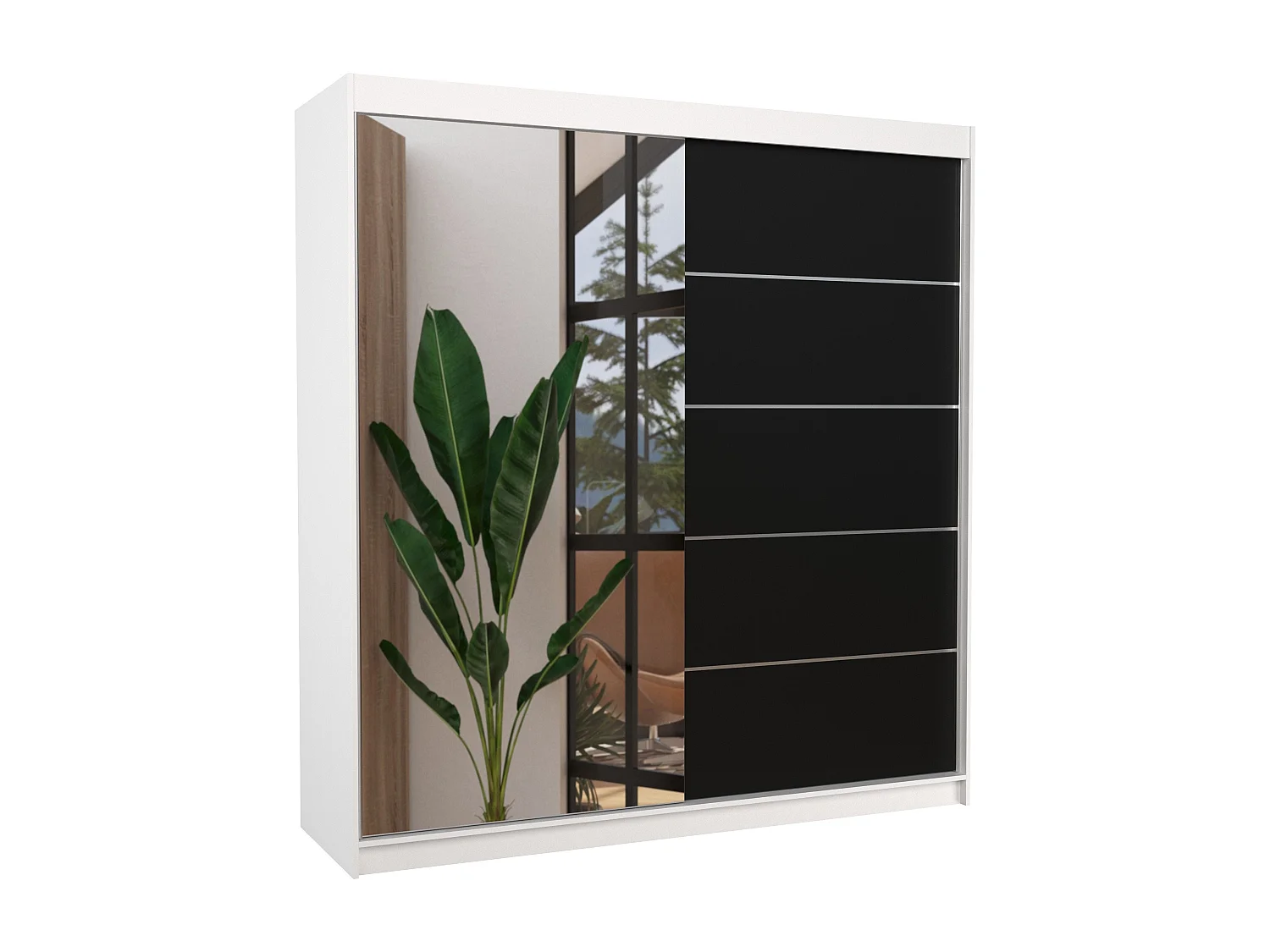 Armoire chambre adulte 2 portes coulissantes OLIVIA 200cm avec miroir-Blanc/Noir