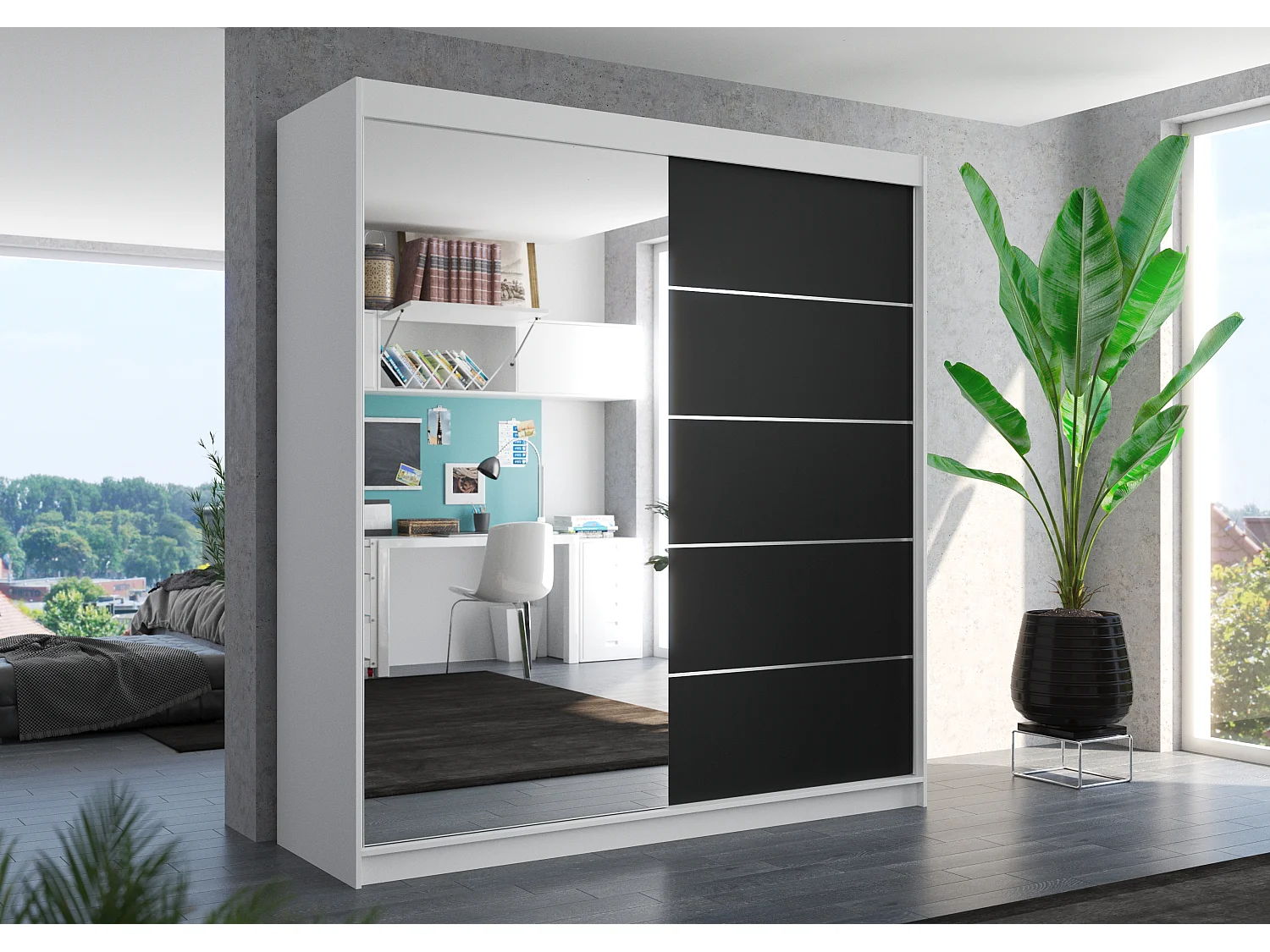 Armoire chambre adulte 2 portes coulissantes OLIVIA 200cm avec miroir-Blanc/Noir