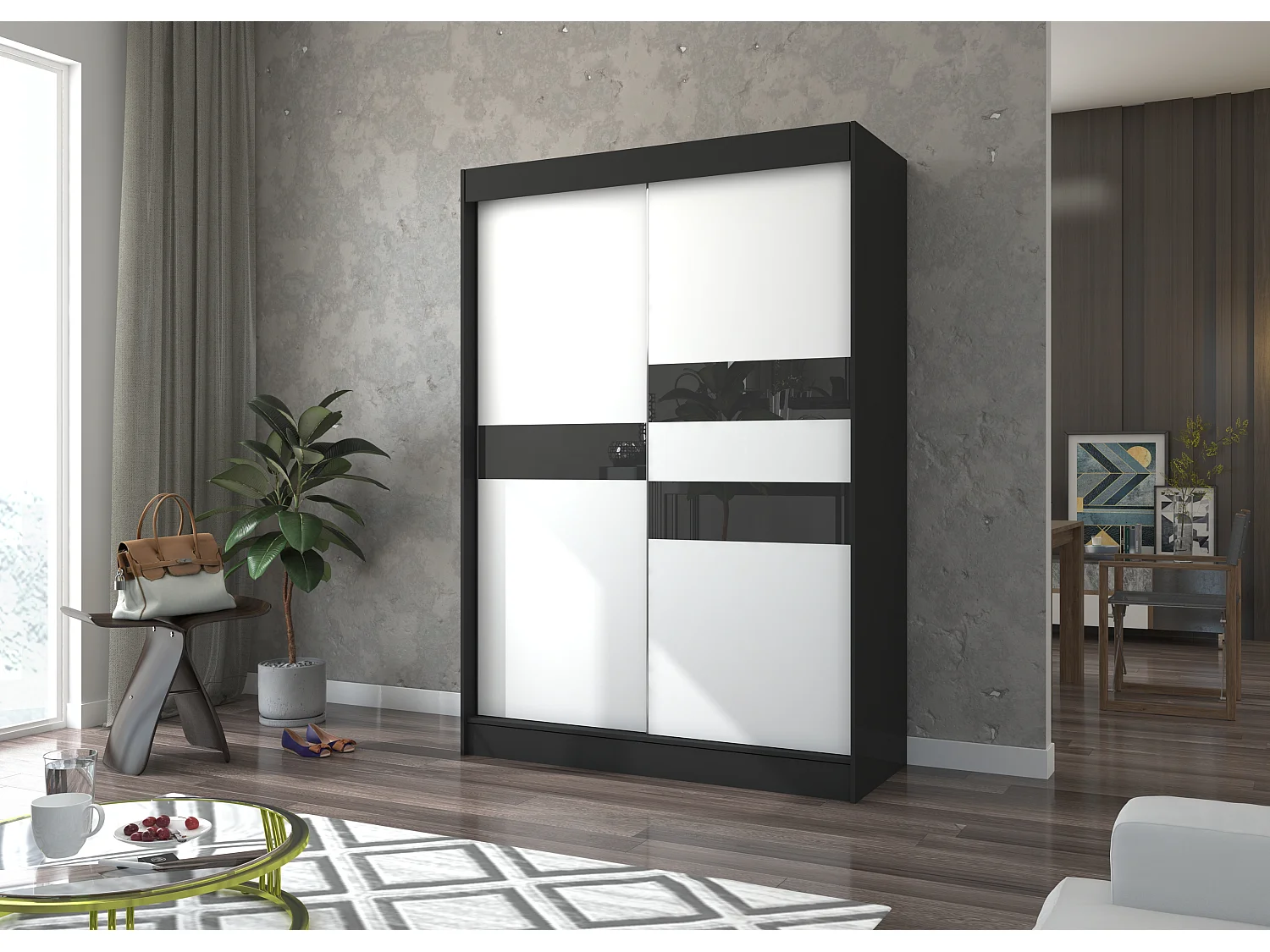 Armoire de chambre noir à portes coulissantes bois blanc mat et noir laqué Korza - 3 tailles-Largeur 120 cm