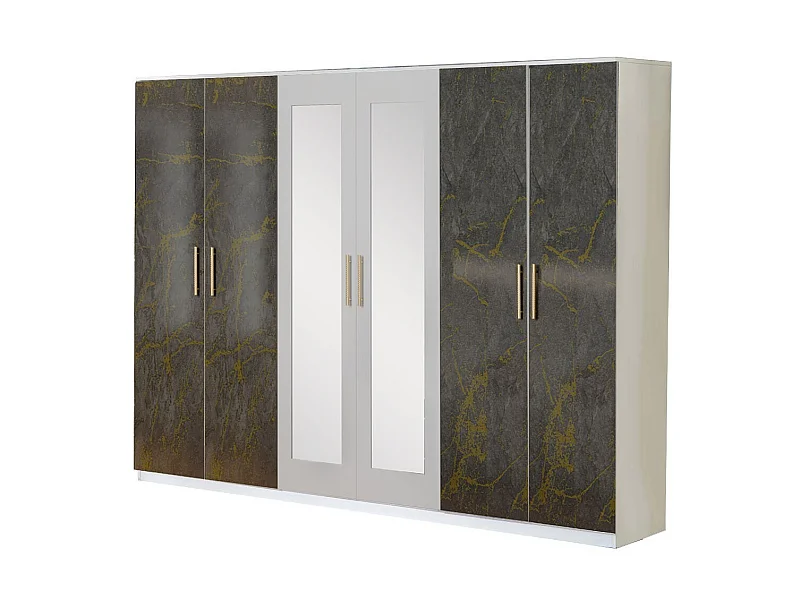 Grande rrmoire de chambre 6 portes battantes bois blanc et bois gris brillant marbré doré Dova 242cm