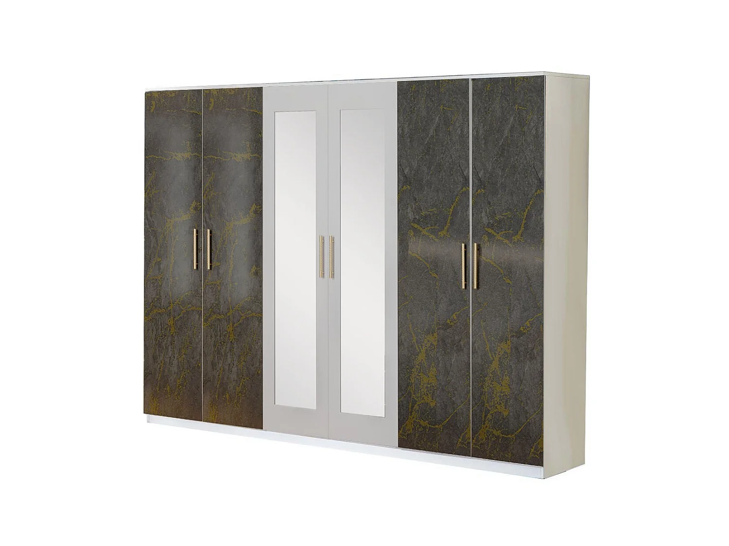 Grande rrmoire de chambre 6 portes battantes bois blanc et bois gris brillant marbré doré Dova 242cm