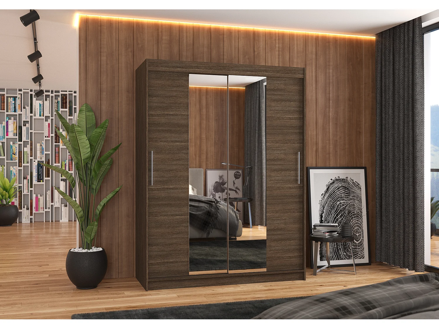 Armoire de chambre 2 portes coulissantes bois marron et miroir Linoa 150cm