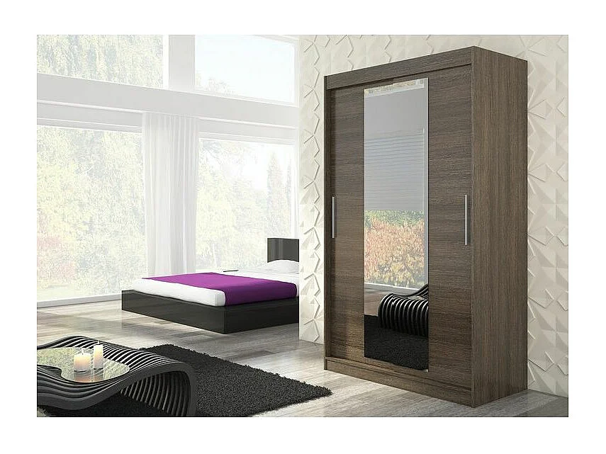 Armoire de chambre 2 portes coulissantes bois marron et miroir Linoa 150cm