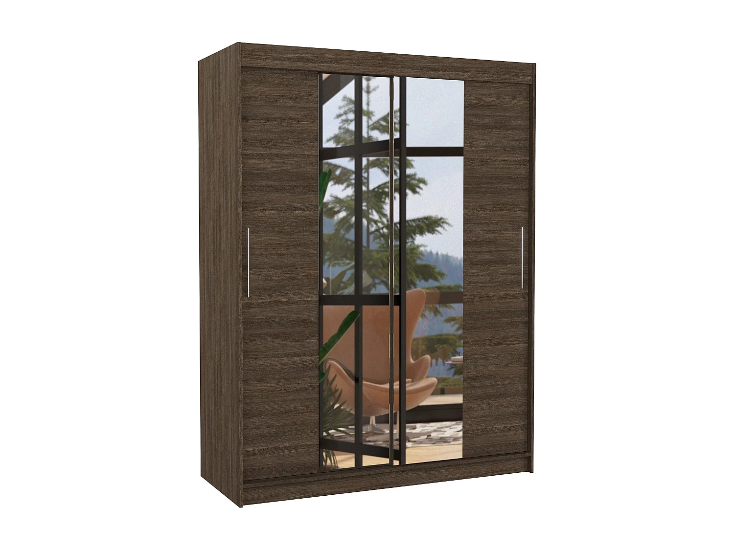 Slaapkamerkast met 2 schuifdeuren in bruin hout en spiegel Linoa 150 cm