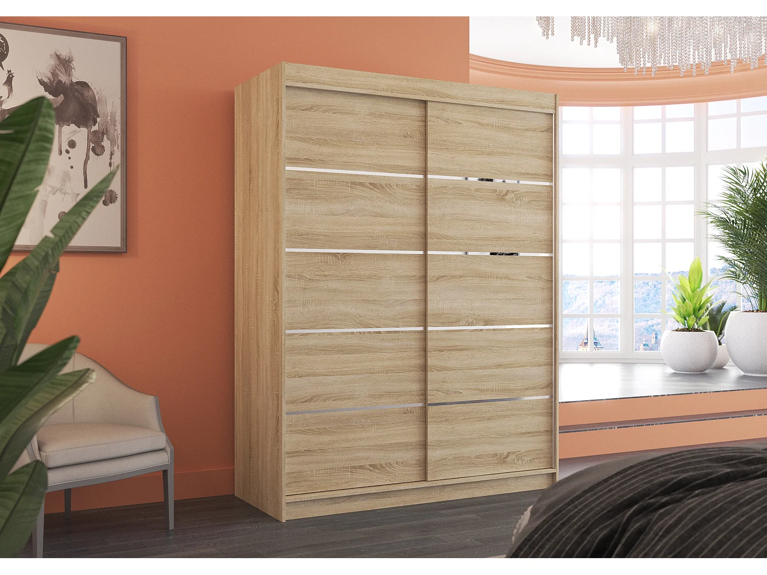 Armoire de chambre à coucher bois clair 2 portes coulissantes bois clair et alu Kubik 150cm