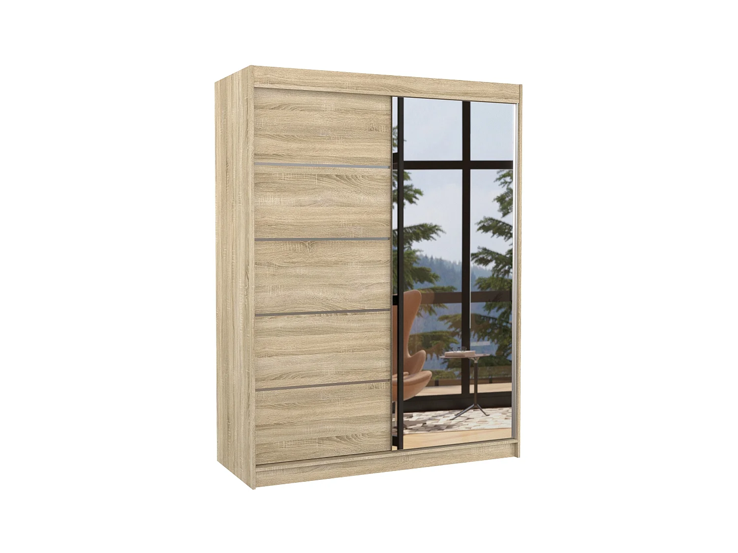 Armoire de chambre 2 portes coulissantes 1 bois clair et 1 miroir Limka 150cm