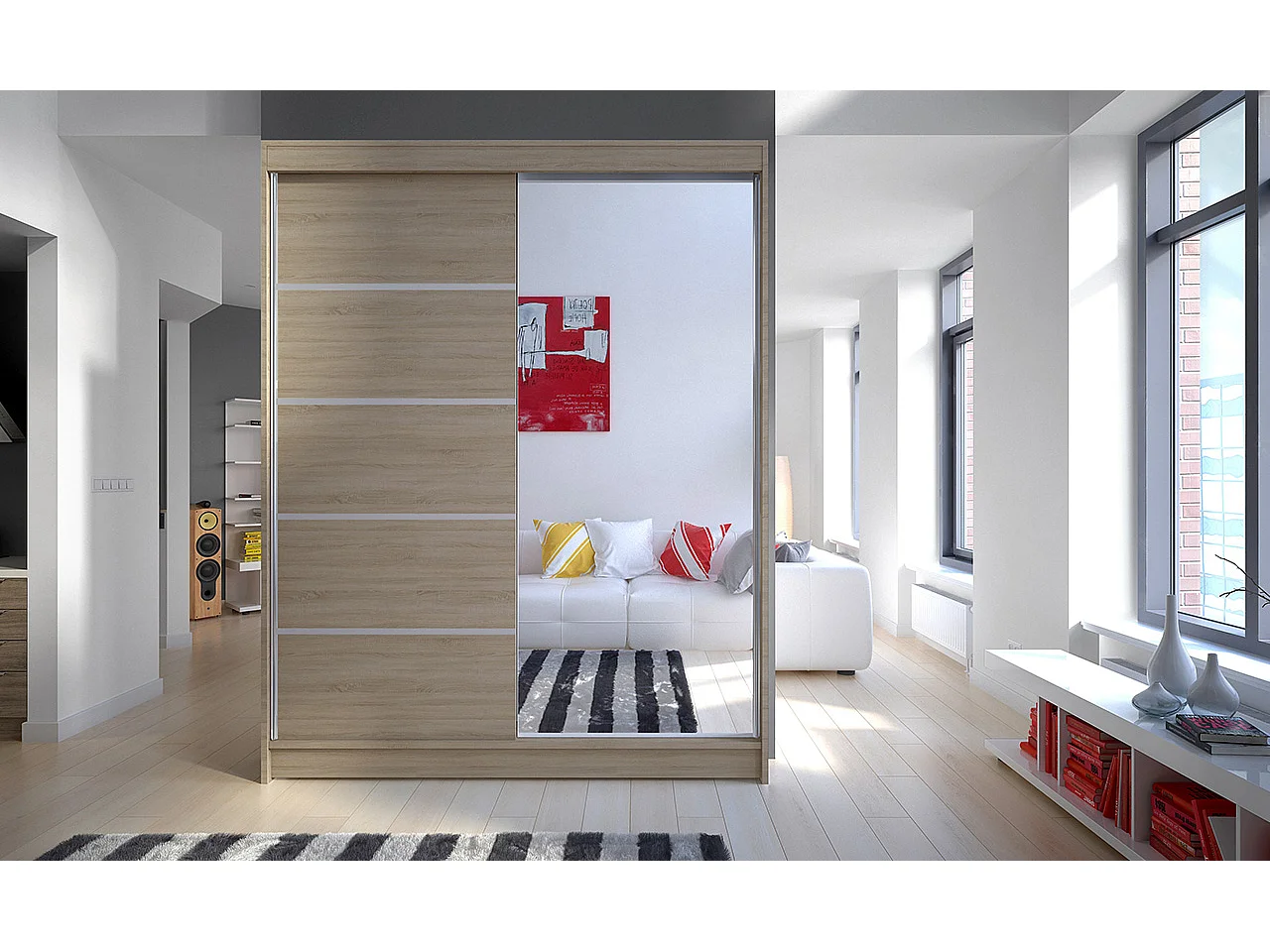 Armoire de chambre 2 portes coulissantes 1 bois clair et 1 miroir Limka 150cm