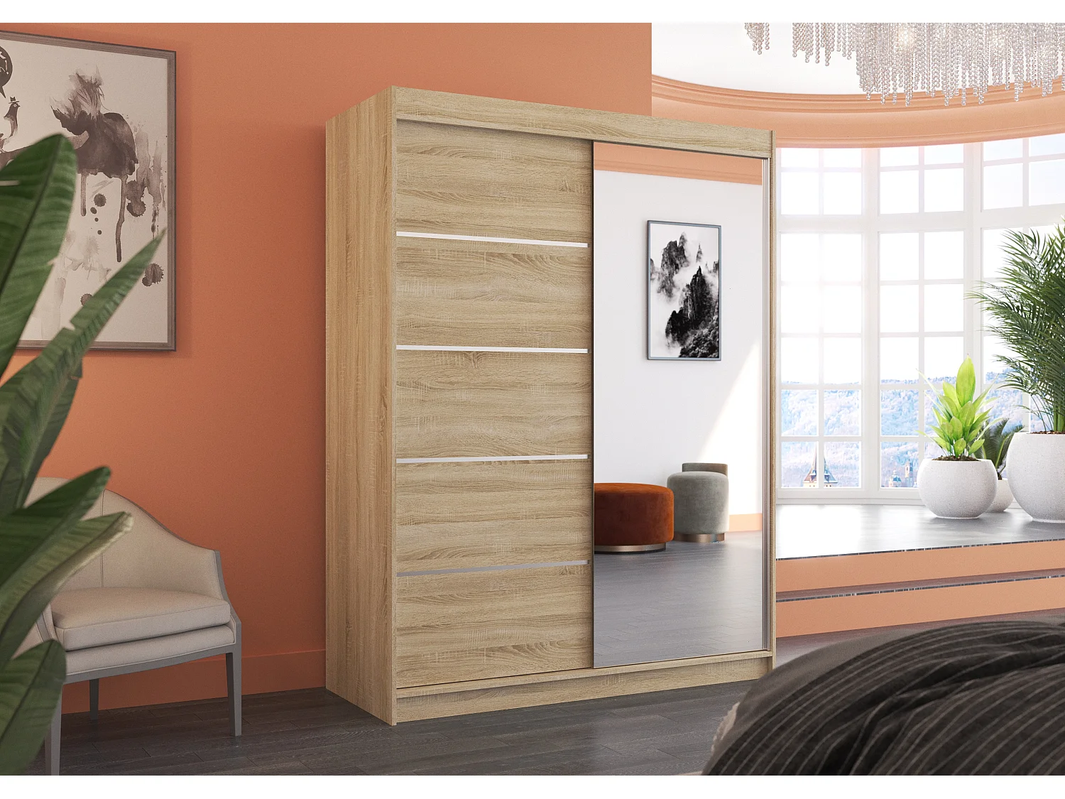 Armoire de chambre 2 portes coulissantes 1 bois clair et 1 miroir Limka 150cm