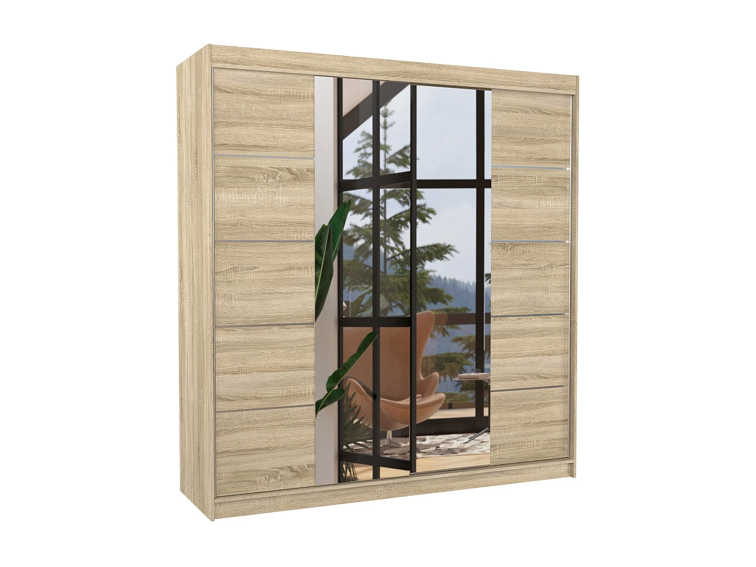 Armoire chambre adulte 2 portes coulissantes bois clair et miroir Dalia 200cm