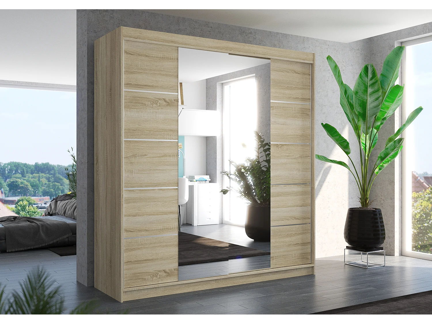 Armoire chambre adulte 2 portes coulissantes bois clair et miroir Dalia 200cm
