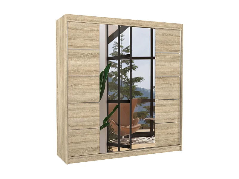 Armoire chambre adulte 2 portes coulissantes bois clair et miroir Dalia 200cm