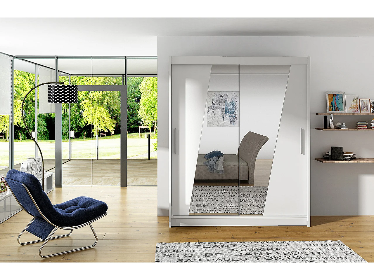 Armoire de chambre 2 portes coulissantes bois blanc et miroirs en diagonale Bekone 150cm