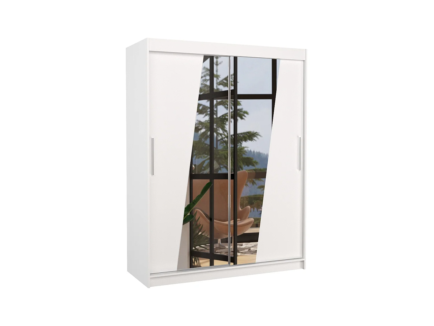 Armoire de chambre 2 portes coulissantes bois blanc et miroirs en diagonale Bekone 150cm