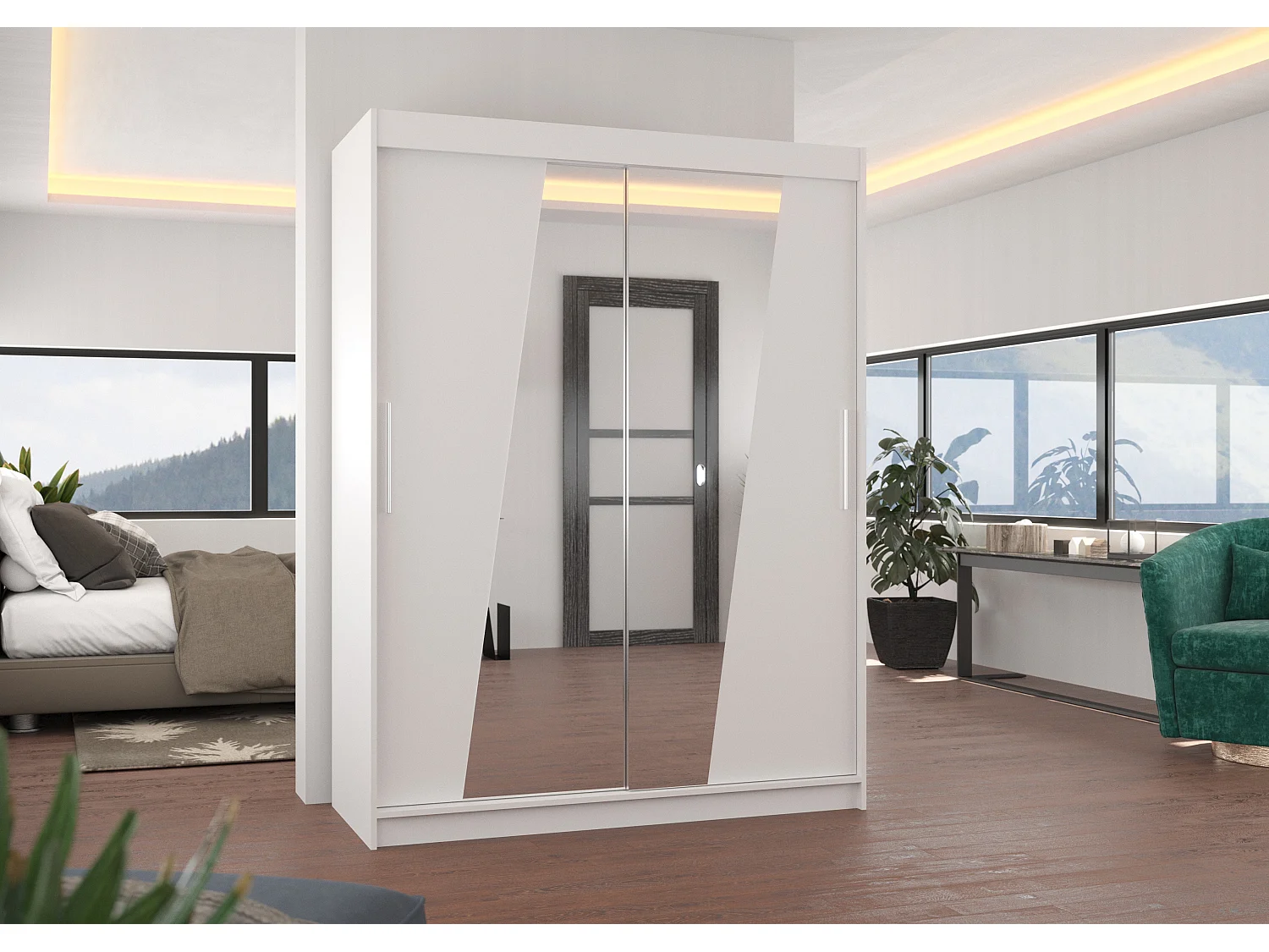 Armoire de chambre 2 portes coulissantes bois blanc et miroirs en diagonale Bekone 150cm
