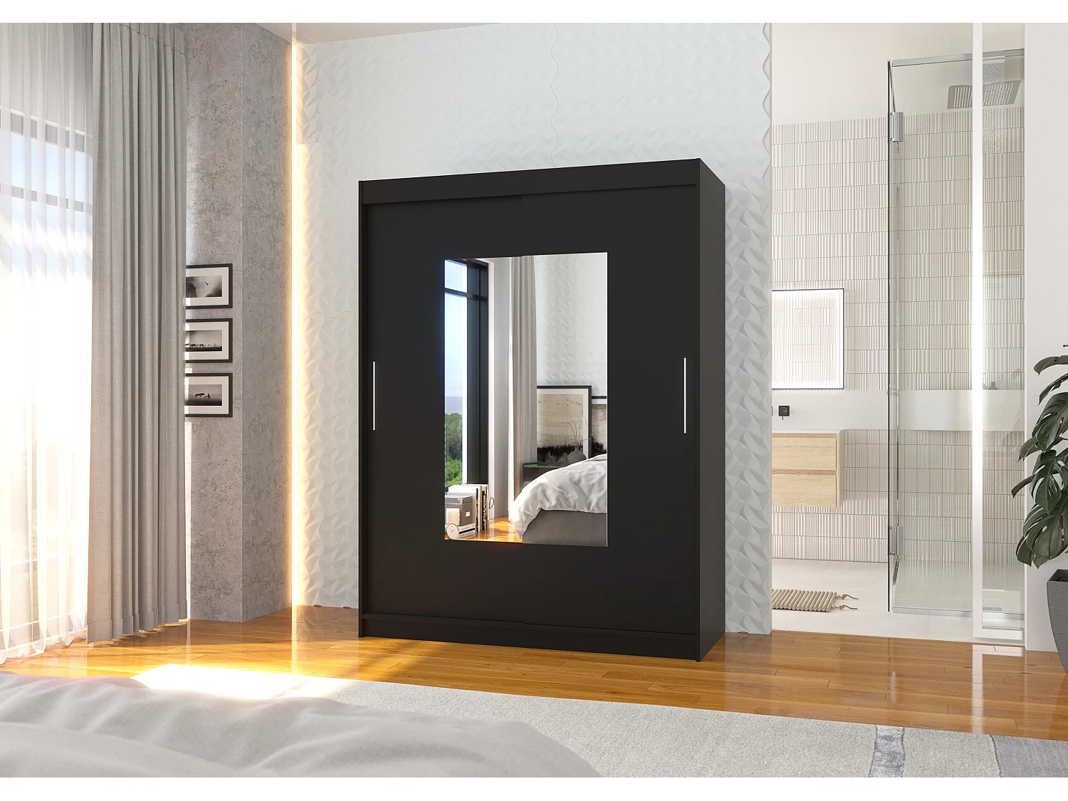 Armoire de chambre 2 portes coulissantes noir et miroir Dova 150cm