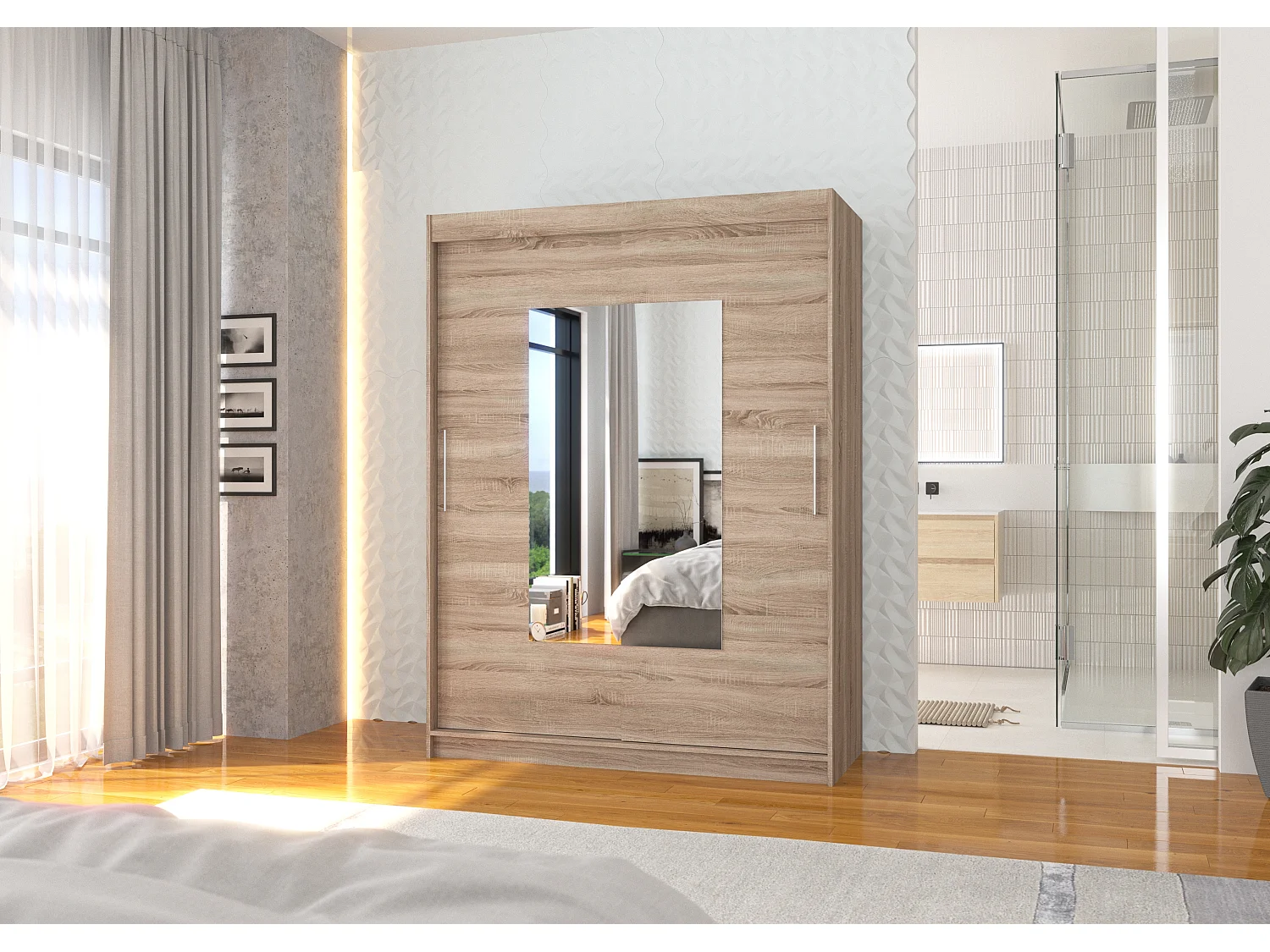 Armoire de chambre 2 portes coulissantes bois truffe et miroir Dova 150cm