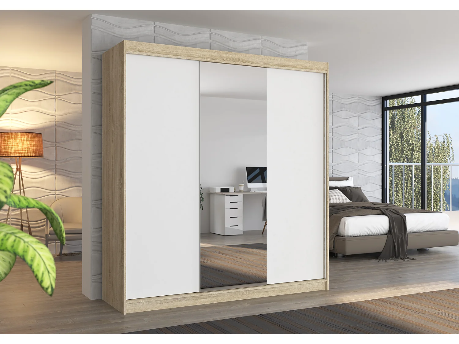Armoire chambre adulte 2 portes coulissantes bois naturel et blanc avec miroir Zafa 200cm