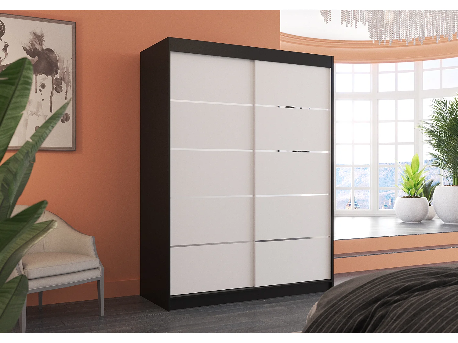 Armoire de chambre à coucher noir 2 portes coulissantes bois blanc et alu Kubik 150cm