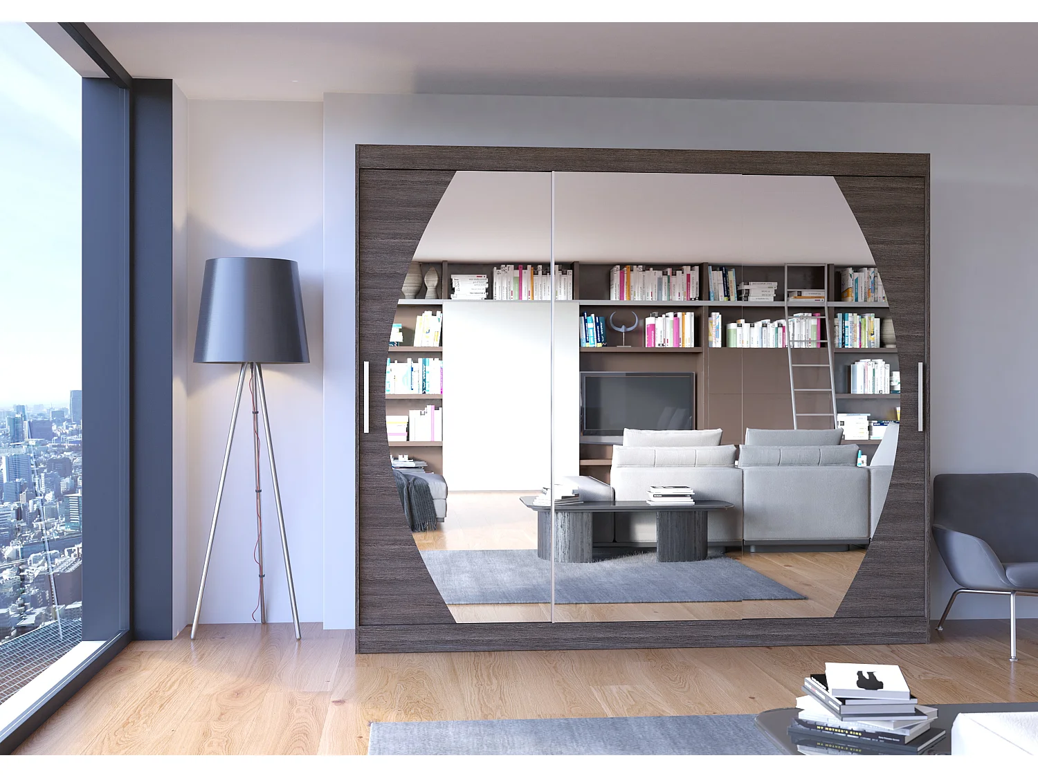 Grande armoire de chambre à coucher 3 portes coulissantes marron et miroir Kerry 250cm