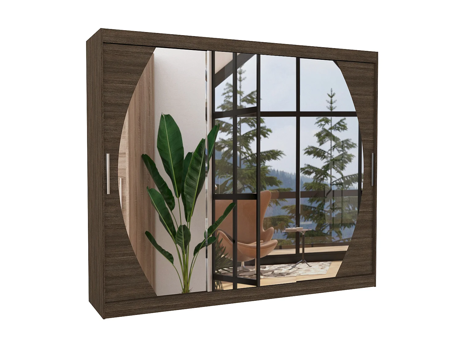 Grande armoire de chambre à coucher 3 portes coulissantes marron et miroir Kerry 250cm