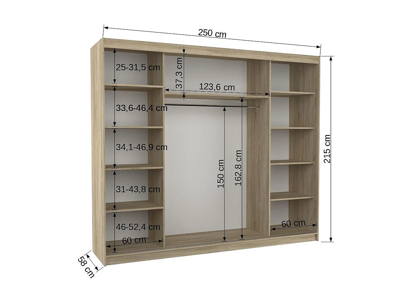 Grande armoire de chambre à coucher 3 portes coulissantes marron et miroir Kerry 250cm