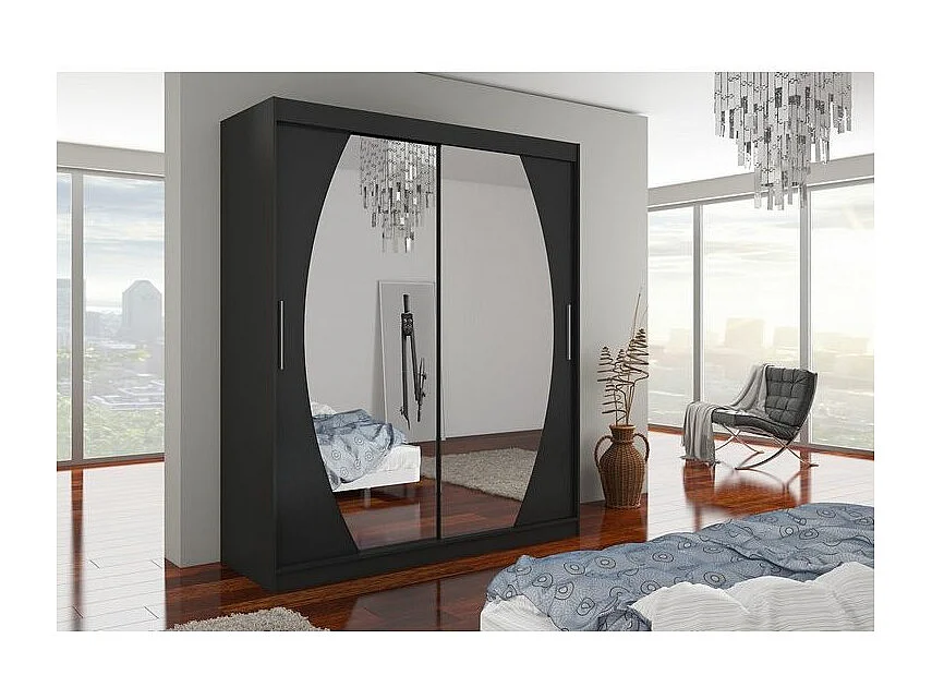 Armoire de chambre à coucher 2 portes coulissantes noir et miroir Balko 180cm