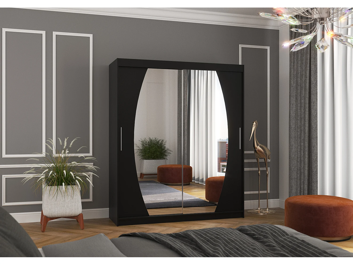 Armoire de chambre à coucher 2 portes coulissantes noir et miroir Balko 180cm