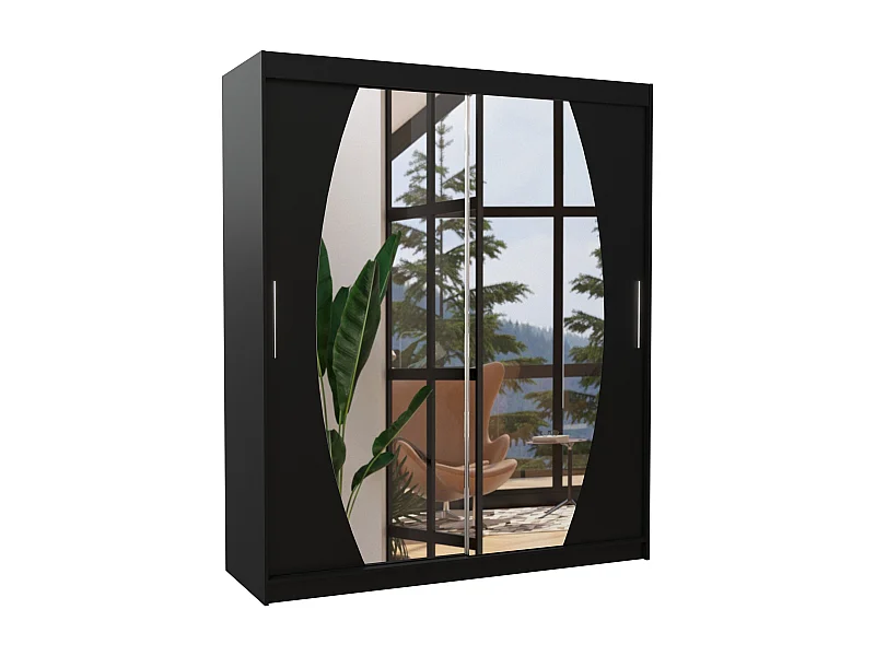 Armoire de chambre à coucher 2 portes coulissantes noir et miroir Balko 180cm