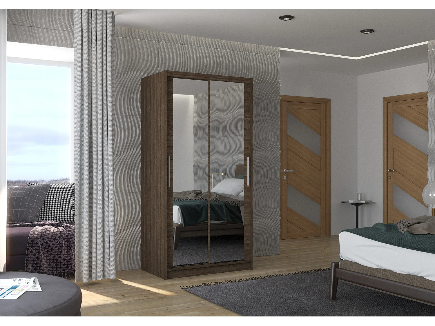 Petite armoire de chambre marron 2 portes coulissantes avec miroir Niko 100cm