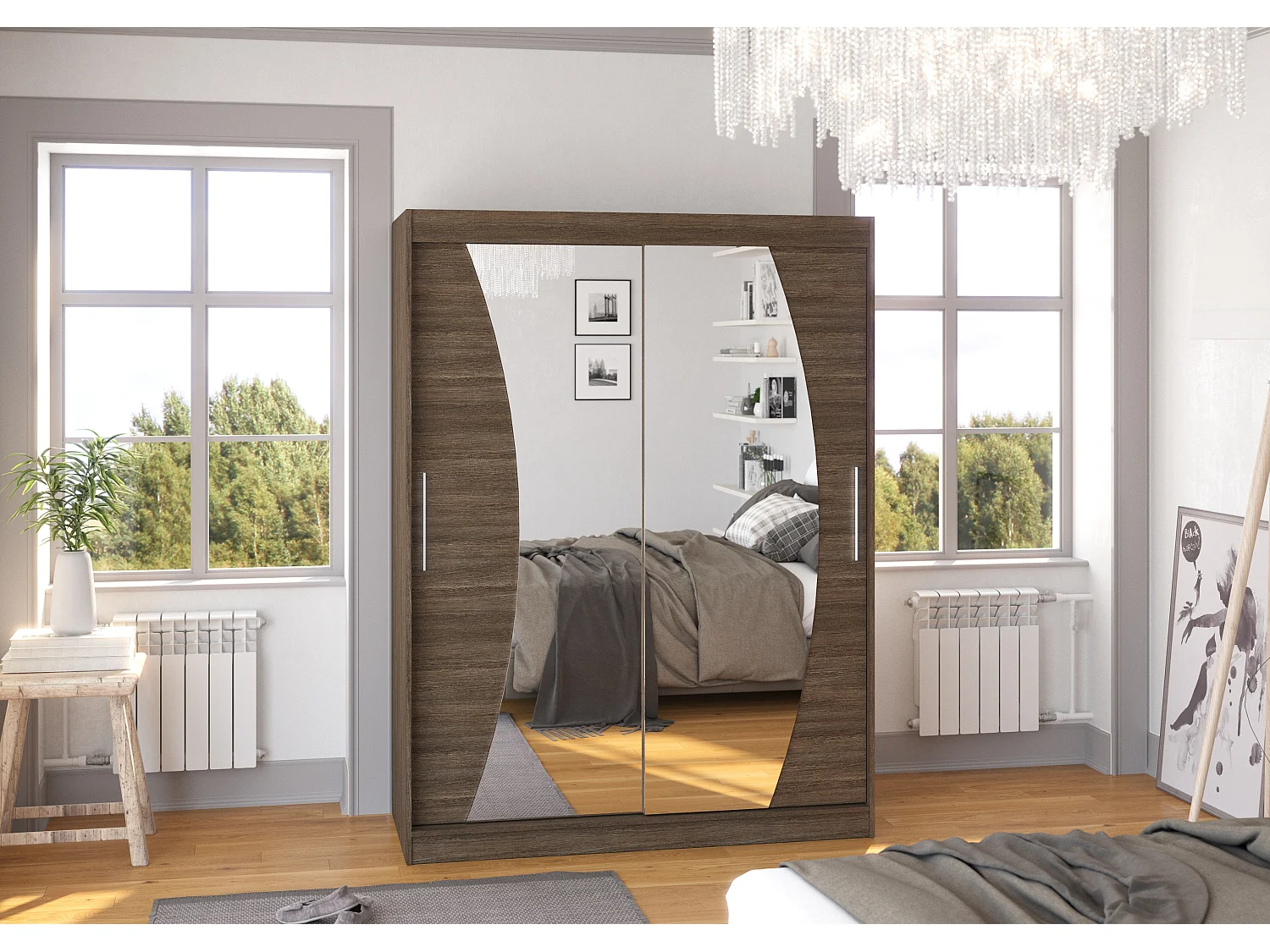Armoire de chambre marron 2 portes coulissantes avec miroir Modela 150cm