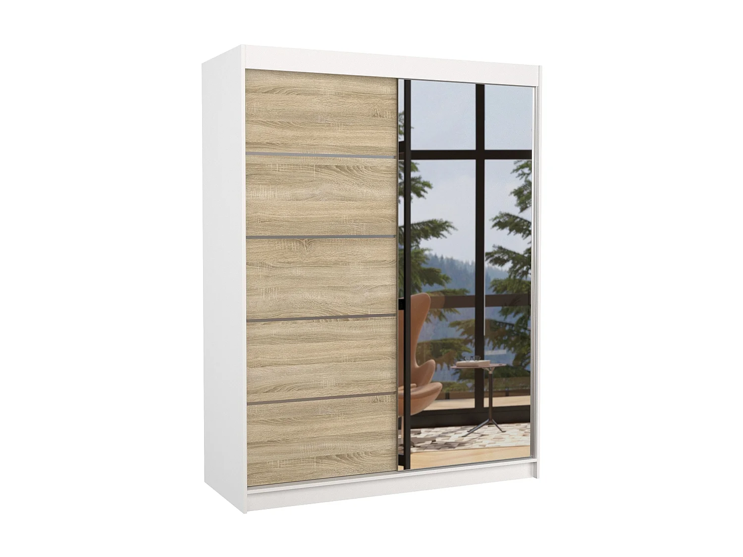 Armoire de chambre blanche 2 portes coulissantes 1 naturel et 1 miroir Limka 150cm