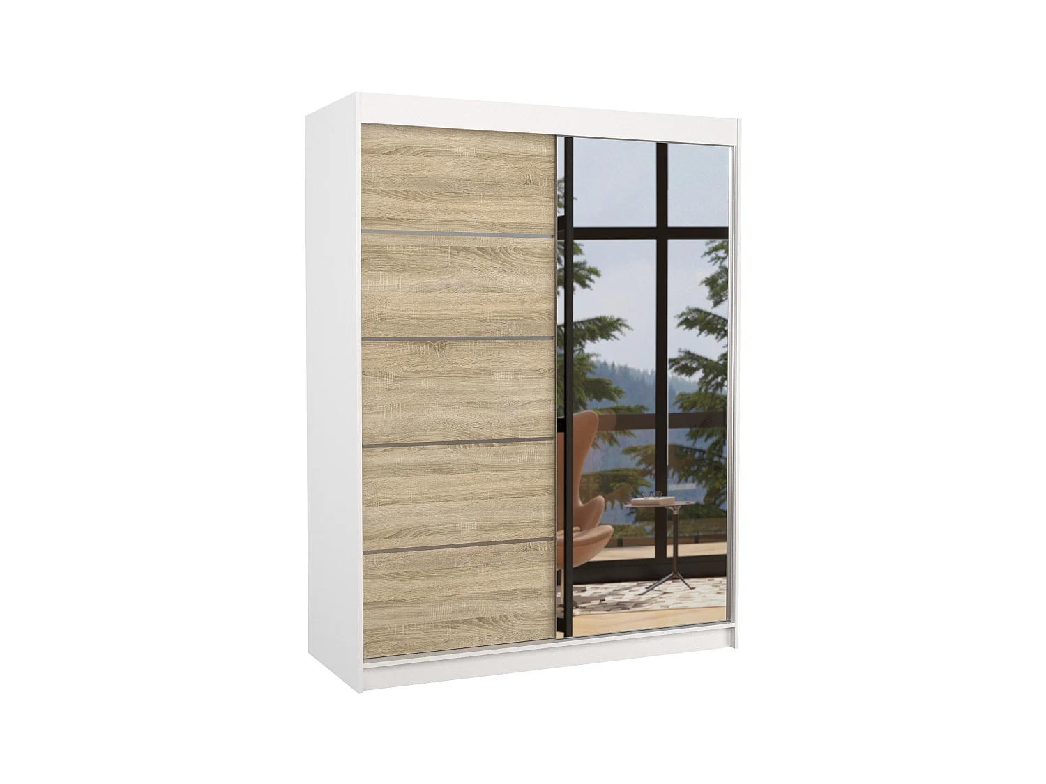 Armoire de chambre blanche 2 portes coulissantes 1 naturel et 1 miroir Limka 150cm