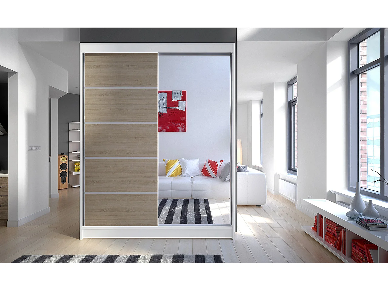 Armoire de chambre blanche 2 portes coulissantes 1 naturel et 1 miroir Limka 150cm