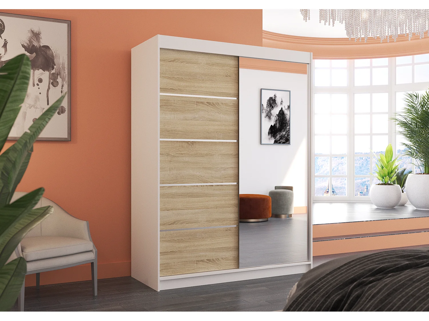 Armoire de chambre blanche 2 portes coulissantes 1 naturel et 1 miroir Limka 150cm