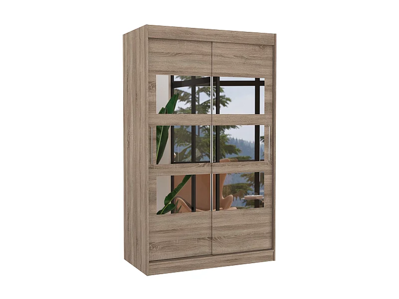 Petite armoire de chambre à coucher 2 portes coulissantes bois truffe avec 6 miroir Kolida 120cm