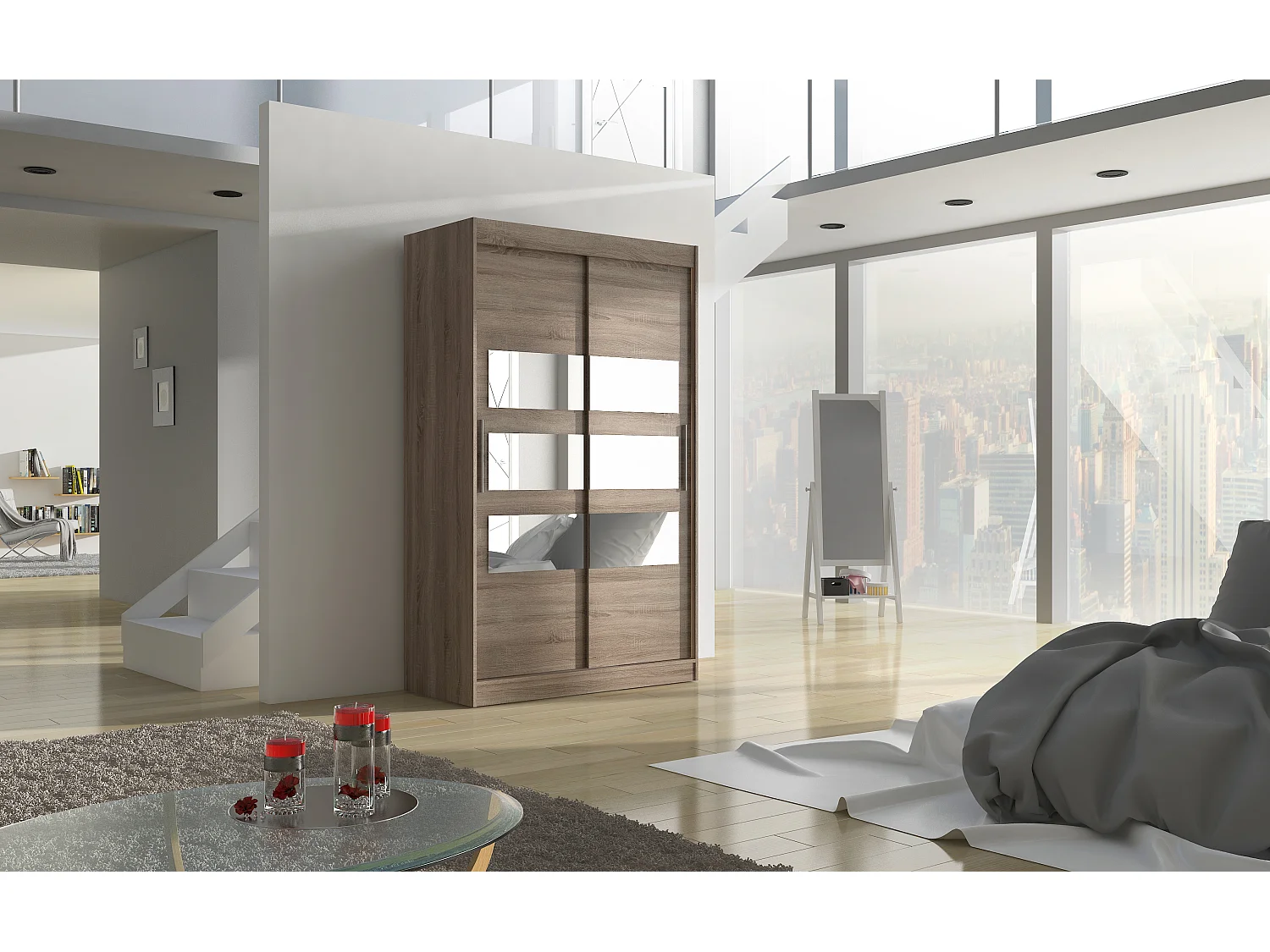 Petite armoire de chambre à coucher 2 portes coulissantes bois truffe avec 6 miroir Kolida 120cm