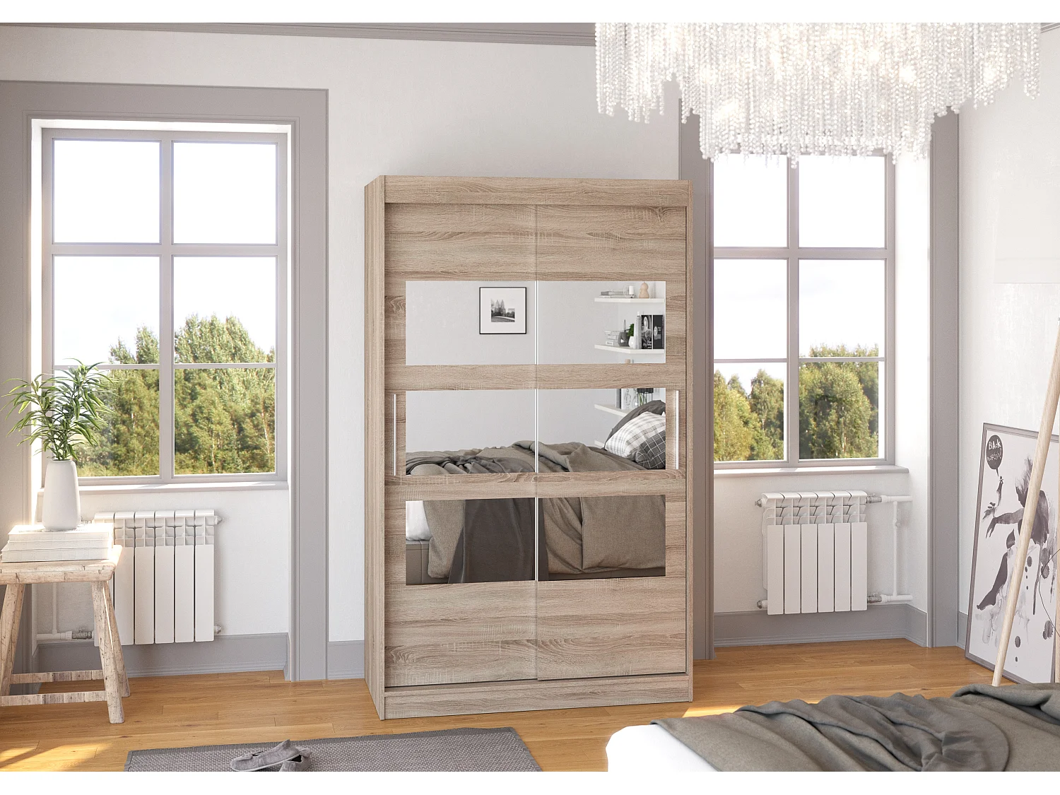 Petite armoire de chambre à coucher 2 portes coulissantes bois truffe avec 6 miroir Kolida 120cm