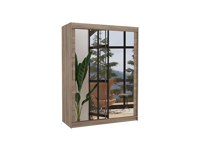 Armoire de chambre bois truffe 2 portes coulissantes avec miroir Prima 150cm