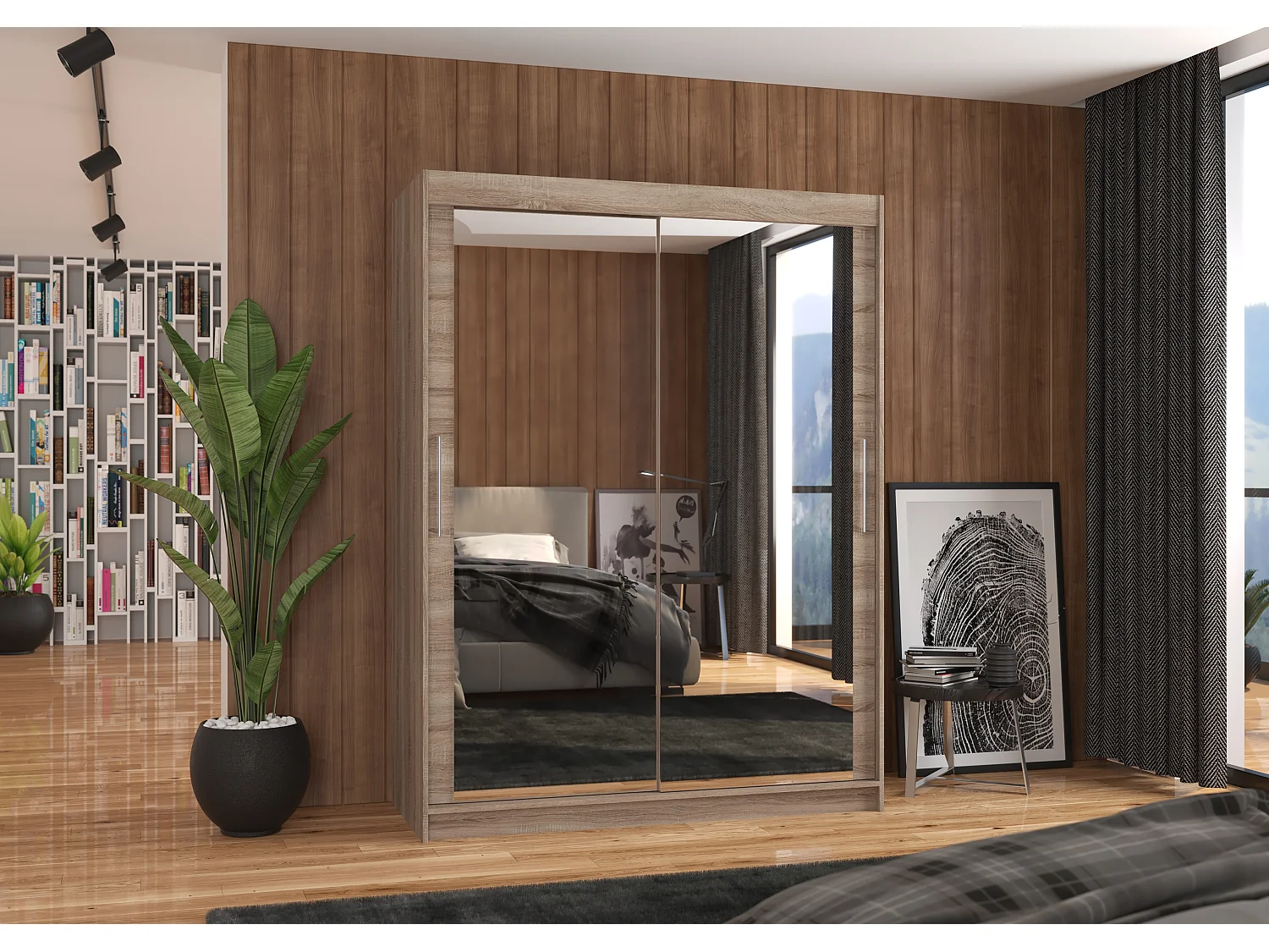 Armoire de chambre bois truffe 2 portes coulissantes avec miroir Prima 150cm