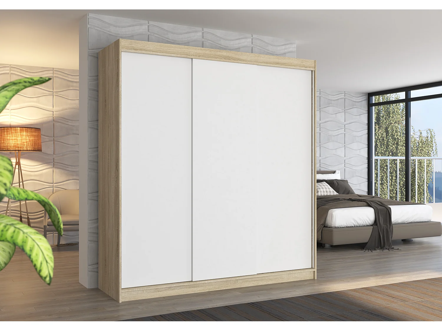 Armoire chambre adulte bois clair et blanc 2 portes coulissantes Kamia 200cm