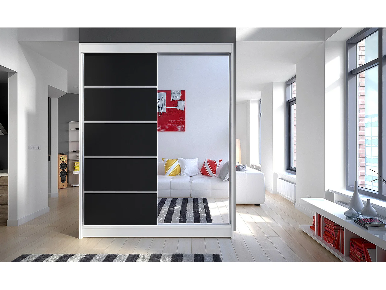 Armoire de chambre blanche 2 portes coulissantes 1 noir et 1 miroir Limka 150cm