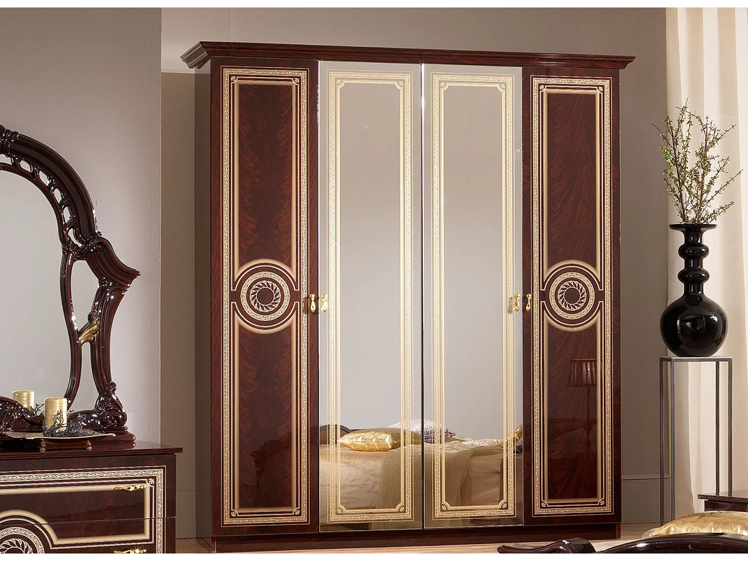 Armoire adulte 4 portes laqué acajou Soraya 193cm
