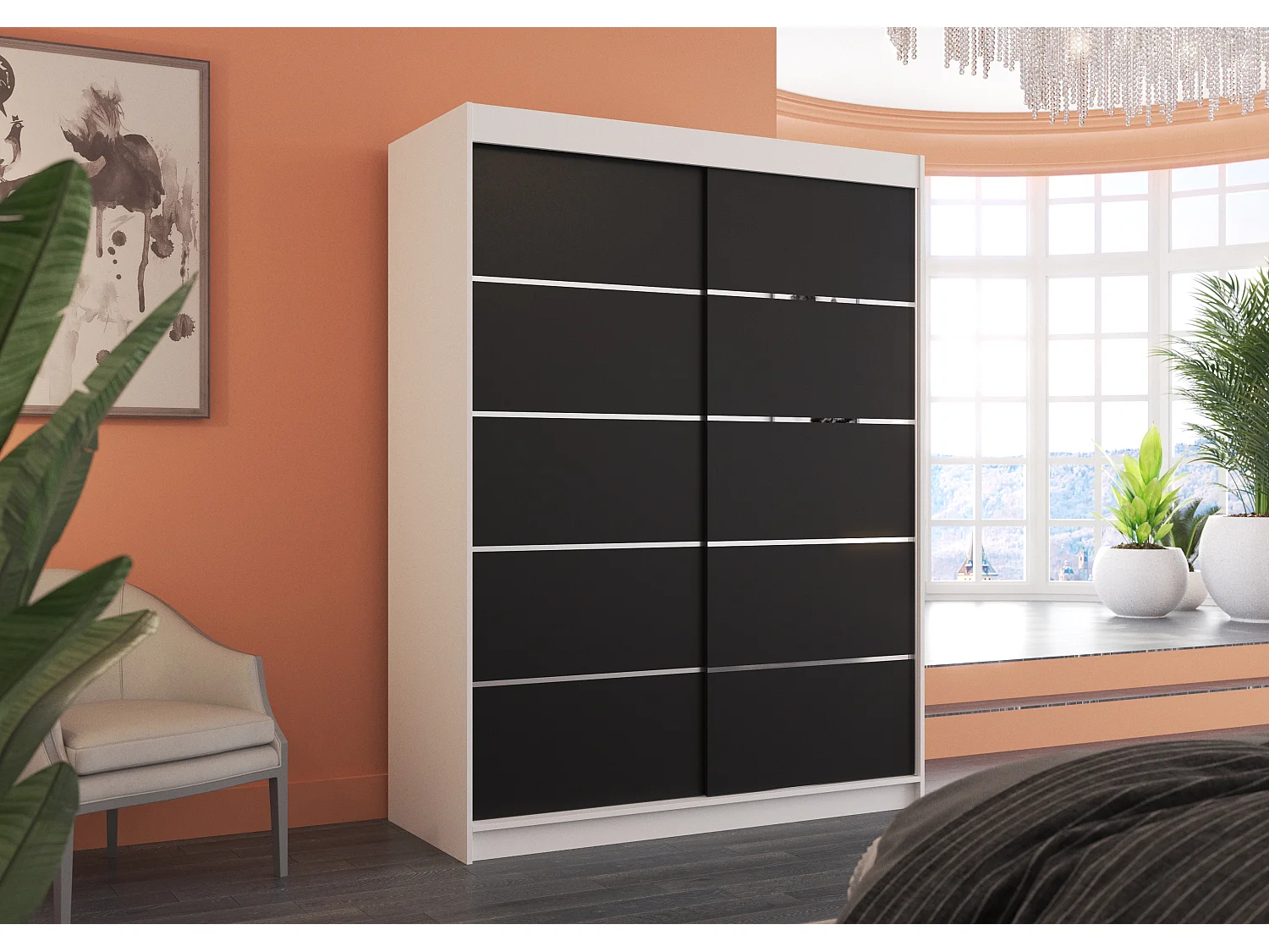 Armoire de chambre à coucher blanche 2 portes coulissantes bois noir et alu Kubik 150cm