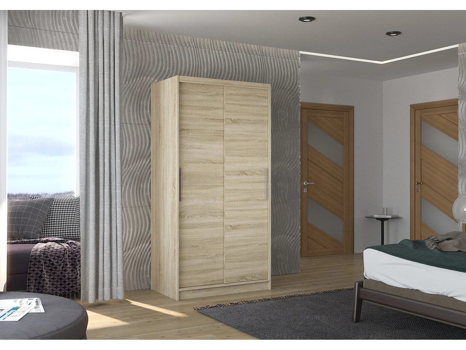 Petite armoire de chambre à coucher bois clair 2 portes coulissantes Kilane 100cm